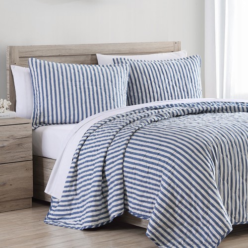 Stone Cottage Willow Way Ticking Stripe Cotton Blue 3 Piece Quilt Set-Full/Queen - Picture 9 of 20