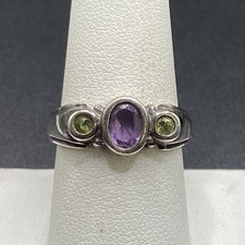 C A Sterling Silver Amethyst and Peridot Ring - Size 8 3/4