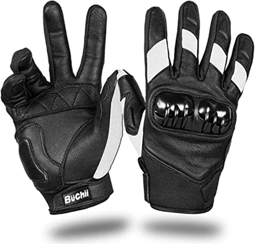 Buchii Leather Motorcycle Gloves Men & Women Multi Purpose Hard M, White