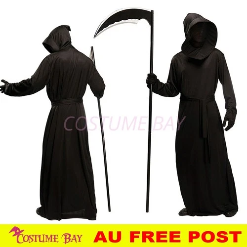 Adult Grim Reaper Costume Black Faceless Hooded Horror Robe Halloween Cosplay AU