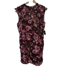 Express Womens Floral Ruched Chiffon Mini Dress XL Burgundy Pink Fairy Wedding