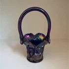 Fenton Carnival Glass Decorative Basket Round  Multicolor Starburst