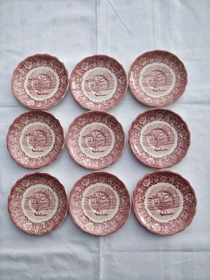9 Untertassen Kaffee PALISSY England THAMES RIVER SCENES Rot