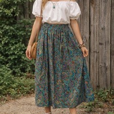Vintage Worthington Paisley Print Blue Pleated Boho Midi Skirt Women s Medium