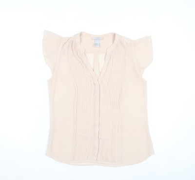 H&M Damen Beige Plissee V-Ausschnitt Tunika Bluse Größe 8 Flatterärmel