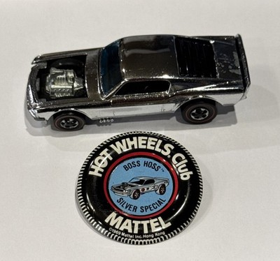 1969 Hot Wheels Redline MUSTANG BOSS HOSS Chrome Club Car Dark Interior w/ Pin