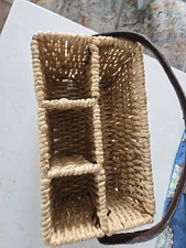 Wicker Rattan Sectioned Caddy Utensil Basket w/ Dividers Leather Type Handle