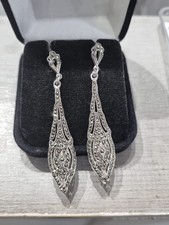 925 Sterling Silver  Handmade Marcasite Teardrop Filigree Dangle/Drop Earrings 