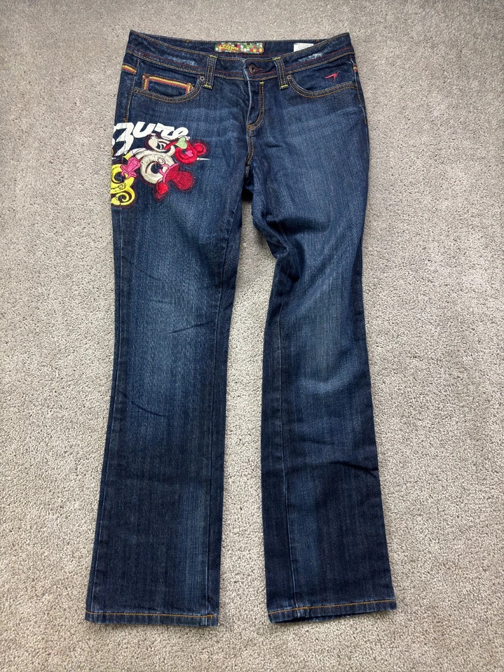 Pantalones de mezclilla Azzure corte bota para mujer 30 patrón bordado lavado oscuro arco iris hip hop Foto 3 de 4