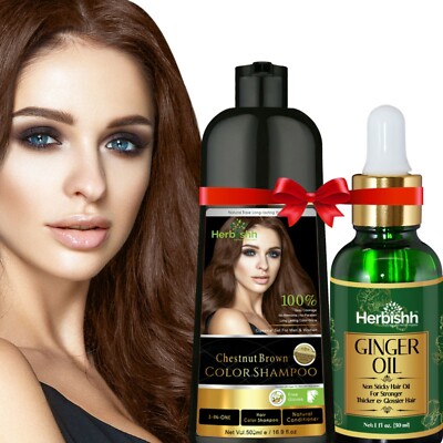 Herbishh Chestnut Brown Hair Color Shampoo 500 ml + Ginger Oil Set