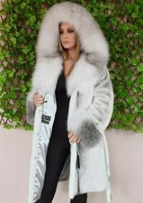 Gorgeous Black Cross Mink Fur Coat Jacket With Hood , Fox Trim