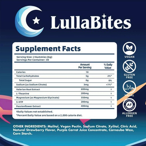 LullaBites Gummies For Sleep & Calmness Star Shaped Strawberry Flavor 60 Gummies - Picture 9 of 17