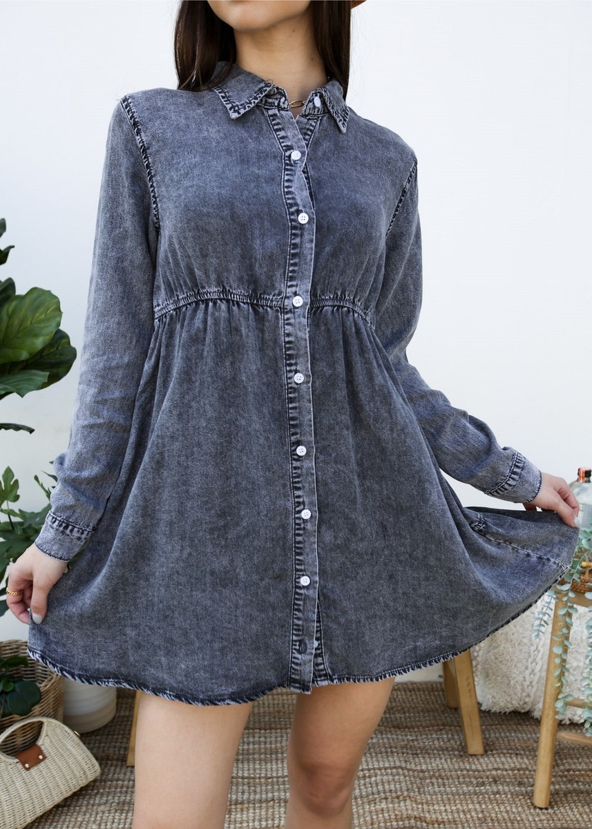 denim tiered shirt dress Button-Down blue bridesmaid dress Shirt Dress Calf Circumference:41cm Emma Watson in a Long sleeve