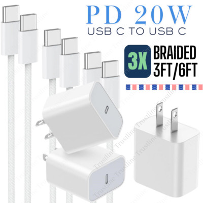 3X PD 20W Fast Charger Block Braided Type C To USB C Cable For iPhone 15 16 Pro