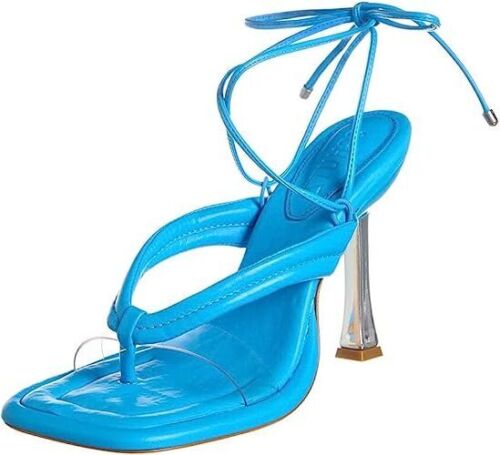 Schutz Meghan True Blue Clear Lace Up Open Toe Stiletto High Heel Thong Sandals - Picture 1 of 4