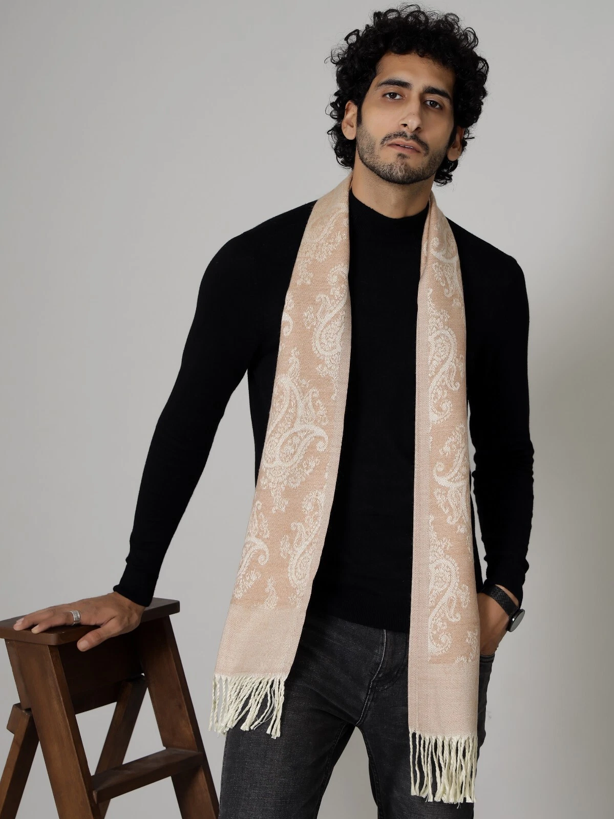 Winter Unisex 100% Cashmere Plaid India Made Peach Paisley Scarves Wool Scarf
