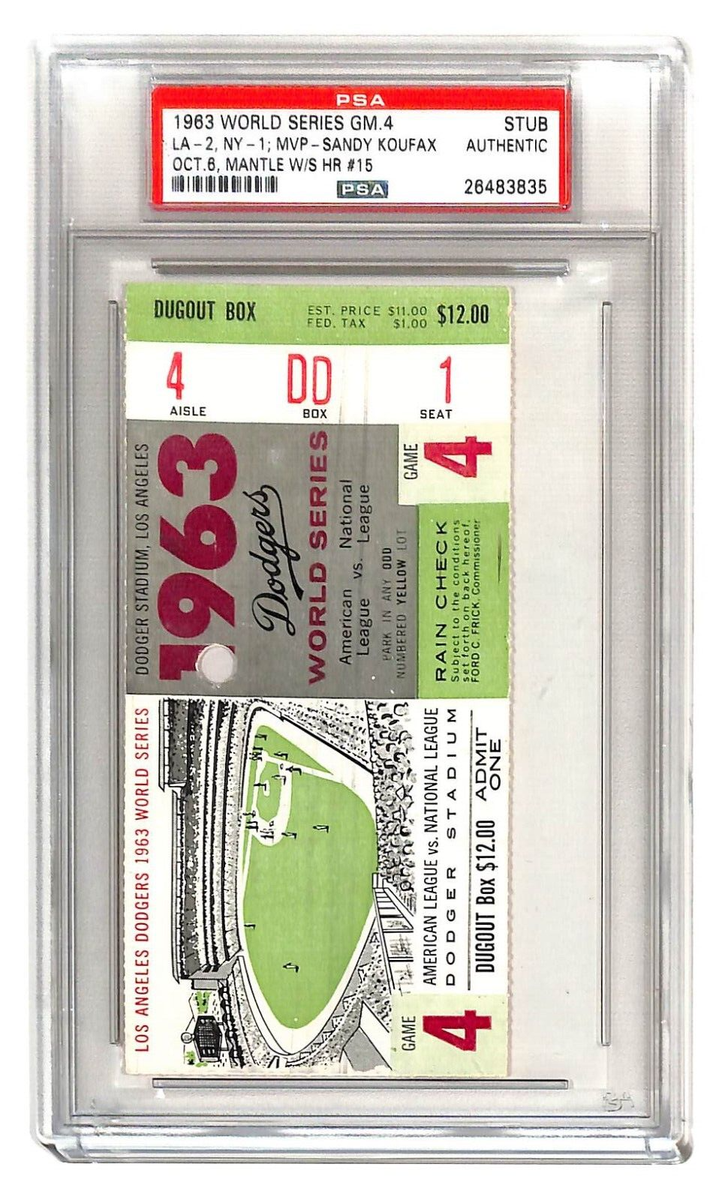 1963 World Series Game 4 Ticket Dodgers Yankees Mantle HR Koufax