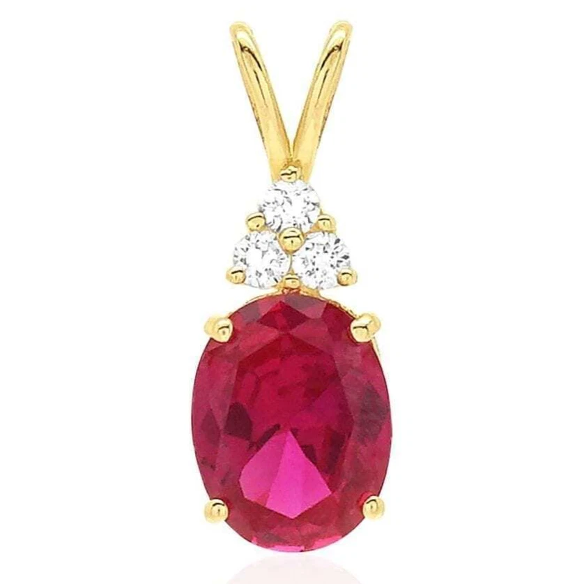 Colgante solitario de oro amarillo de 14 k 2,2 quilates circonita cúbica y rubí ovalado 0,8" Foto 2 de 4
