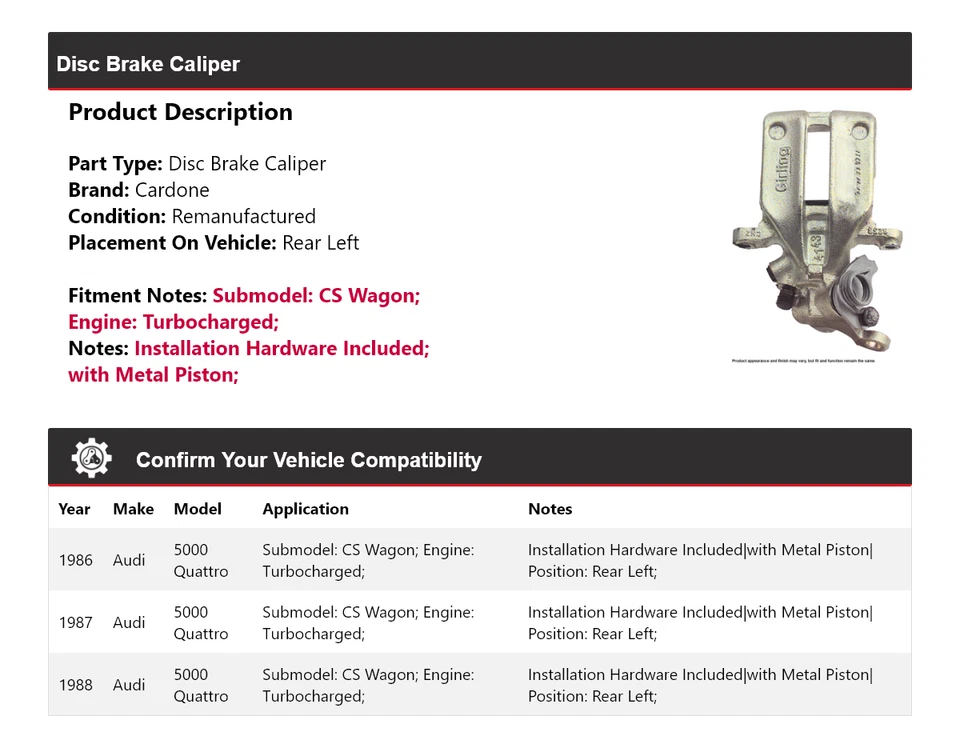 Pinza de freno Cardone 1987 para Audi 5000 Quattro 1986-1988 Foto 2 de 4