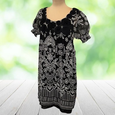 Vintage ICE Dress Puff Sleeve Empire Waist 3D Rosettes Y2K Paisley Chiffon Sz 10