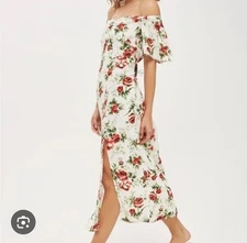 Topshop Size 6 Off Shoulder Floral Sweetheart Slit Midi Dress Cottage Romantic
