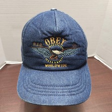 Obey Worldwide Hat Cap Snap Back One Size Blue Denim Embroidered Eagle Mens
