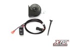 Black XTC Power Products plug and play automotive horn kit with coiled cable, connectors, and mounting hardware.