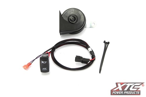 Black XTC Power Products plug and play automotive horn kit with coiled cable, connectors, and mounting hardware.