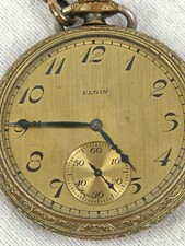 Vintage Elgin Pocket Watch 12s Art Deco Gold Tone Dial Working Monogram Case