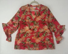 Counterpart Womens Blouse Red Orange Floral V Neck 3/4 Ruffle Sleeve Size XL