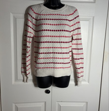 LOFT Striped Sweater Women XS Cream Red Pink 100 Cotton Textured Knit Pullover