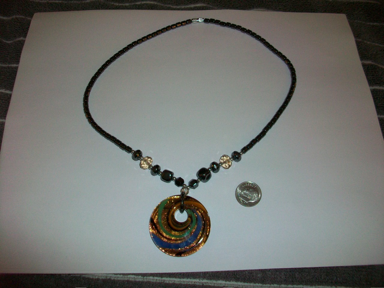 6 Pc Lot Of Murano-Style Art Glass Swirl Pendants On Hematite Necklace - NWOT