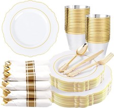 175pcs Gold Plastic Plates White and Gold Disposable, 50PCS Plastic Dinner P...