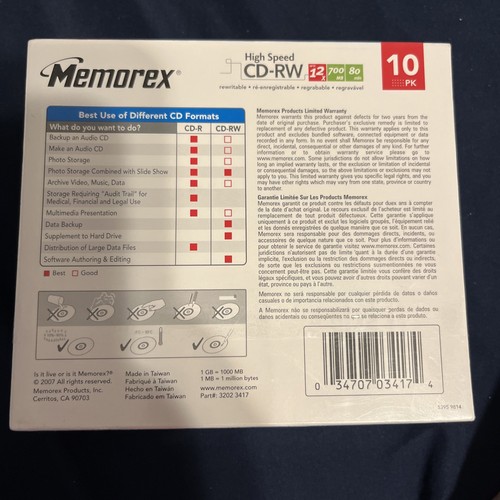 CD High Speed Memorex 10-Pack Music CD-RW Discs 12X 700 MB/Mo 80min Blank NEW - 第 3/3 張圖片