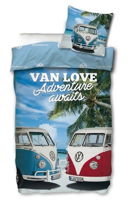 VW Bulli Wende-Bettwäsche-Set 135x200 80x80 Baumwolle Bus Van Love Strand Palmen