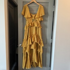 ASOS DESIGN Flutter Sleeve Tiered Midi Dress with Lace Insert in Mustard US 10