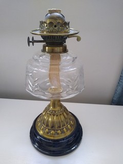 Vintage Duplex Twin Burner Oil Lamp Brass with Glass Font Black Base New Wicks