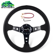 BLACK 14inch 350mm Deep Dish Genuine Leather Sport Racing Steering Wheel O Shape