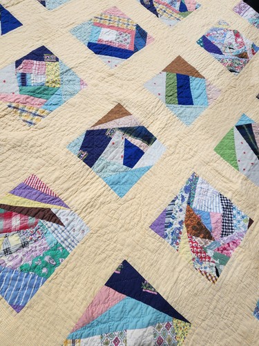 Vintage Crazy Quilt 72x83 Yellow Gingham Handmade 1940-1950's - Bild 7 von 8