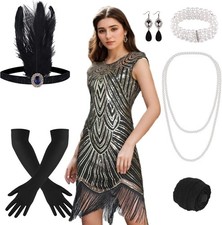 Flapper Kleid 1920er Gatsby Kostüm Damenmode mit Schmuck Accessoires Größe M