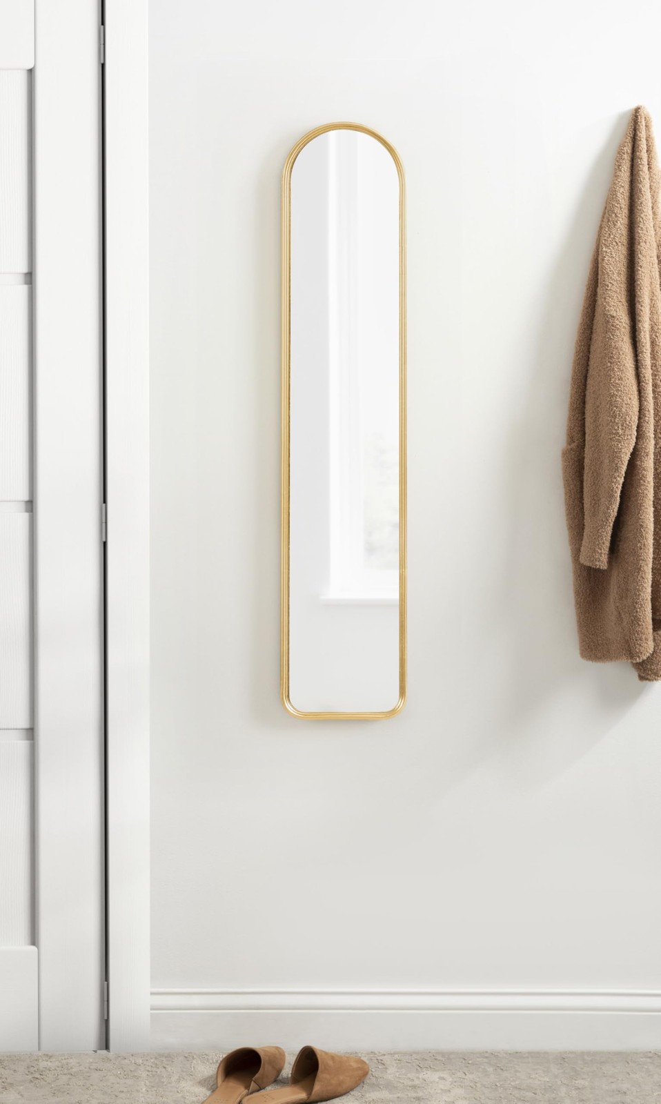 Caskill Slim Panel Wall Mirror; 8 x 38; Gold; Glam Tall Arch Mirror Wall Deco...