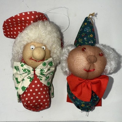 Vintage Set Of 2 Nylon Stocking Face Grandma Grandpa & Witch Ornaments