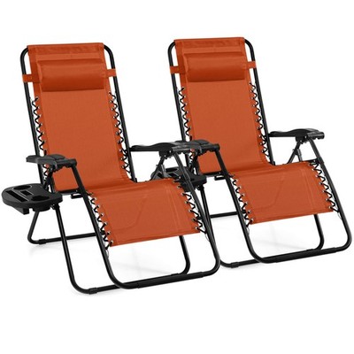 2PC Folding Zero Gravity Reclining Lounge Chairs Beach Patio W/Utility Tray