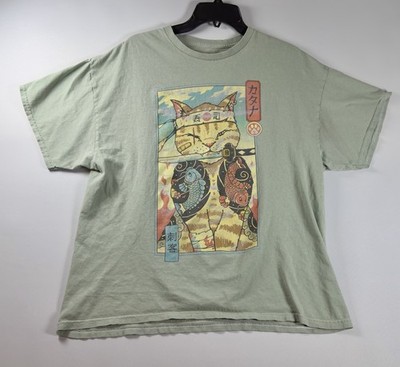 Threadless Catana Vincent Trinidad Samurai Cat Graphic T-Shirt Mens L Green