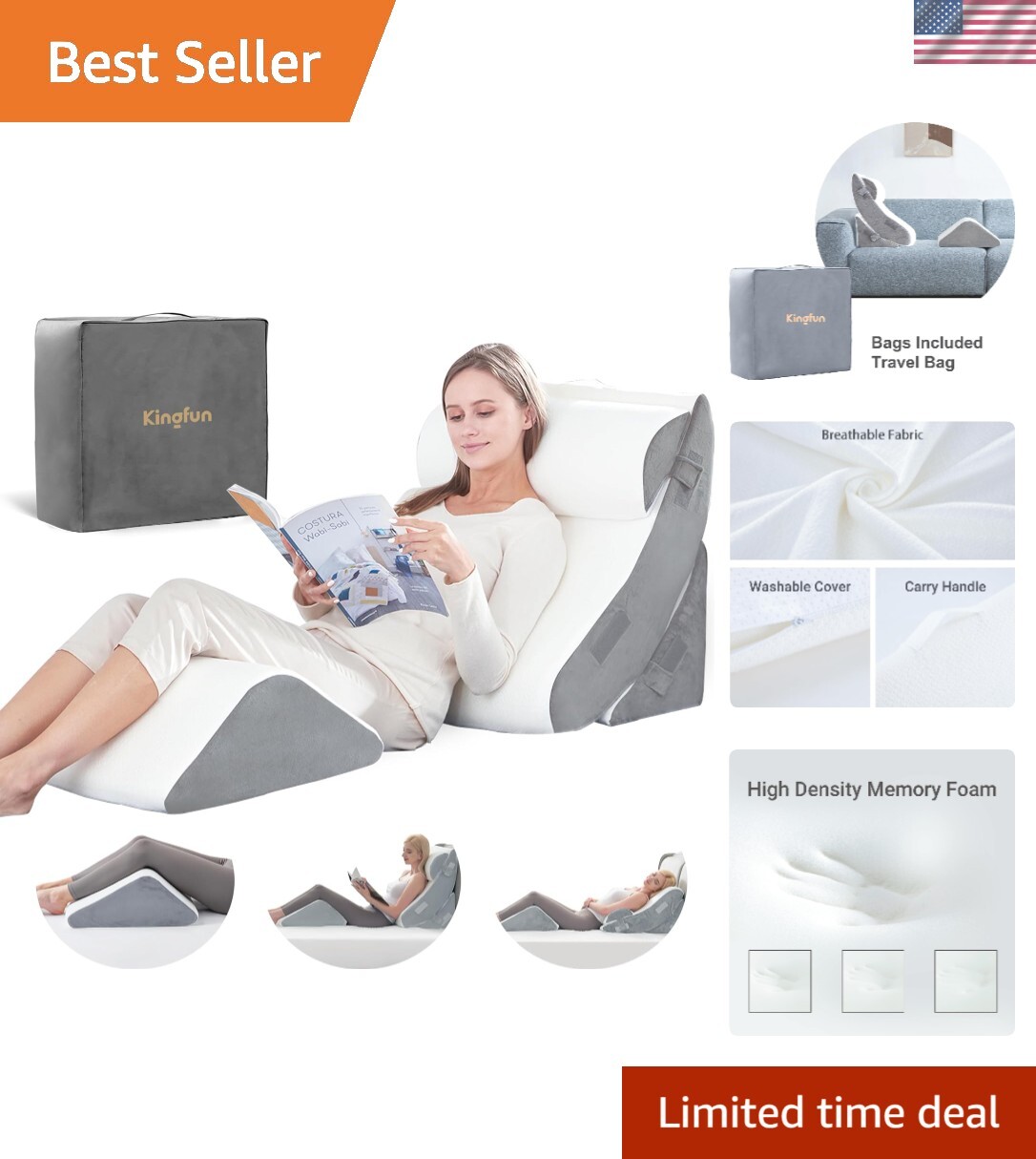 4pcs Orthopedic Bed Wedge Pillow Set for Post-Surgery Support & Comfortable Sleep Memory Foam