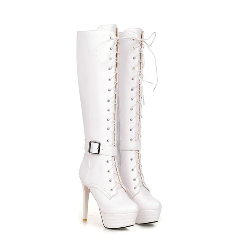 women Synthetic Leather High Heels Zipper Lace Up Shoes Knee Boots UK Size - Bild 21 von 43