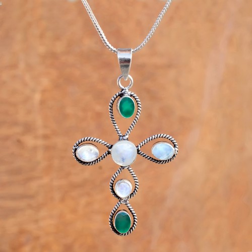 Multi Moonstone & Green Onyx Gemstone 925 Sterling Silver Cross Stylish Pendant - Picture 3 of 8