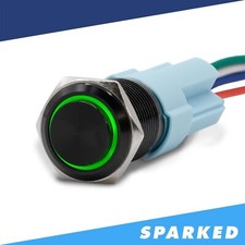 Sparked Innovations Black Latching 12V Push Button Switch SPDT Halo Ring - Green