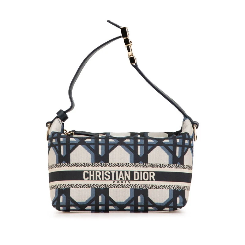 AUTH CHRISTIAN DIOR CANNAGE POCHETTE NOMADE PETIT TISSU GRIS MARINE CUIR FEMME