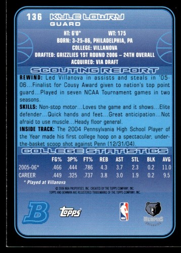 2006-07 Bowman Kyle Lowry Rookie Memphis Grizzlies #136 - Picture 2 of 2
